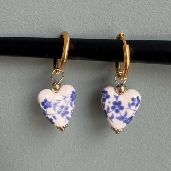 Ethnic Blue Porcelain Heart Stainless Steel Pearl Earrings - Picture 4 of 13